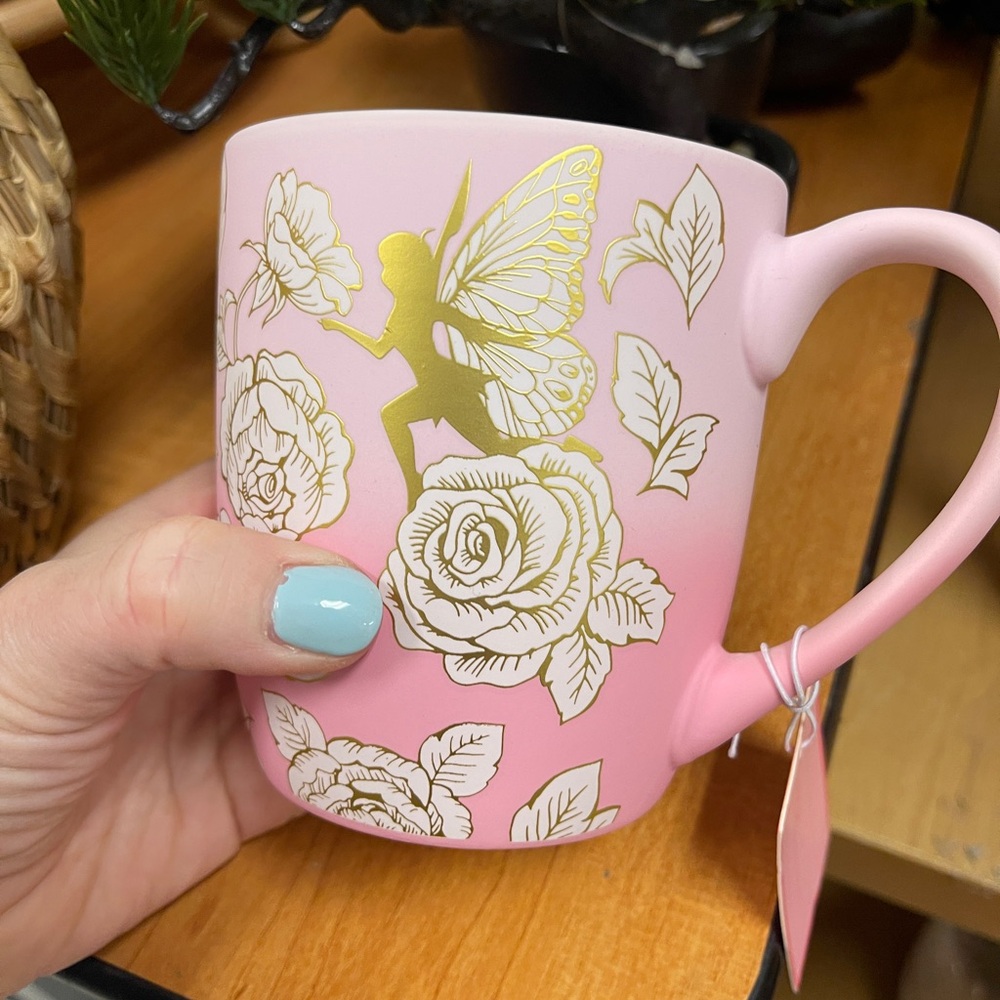 Pastel Pink & Gold Rose & Butterfly Fairy  Matte Soft Touch Fancy Coffee Mug NWT - Picture 2 of 4